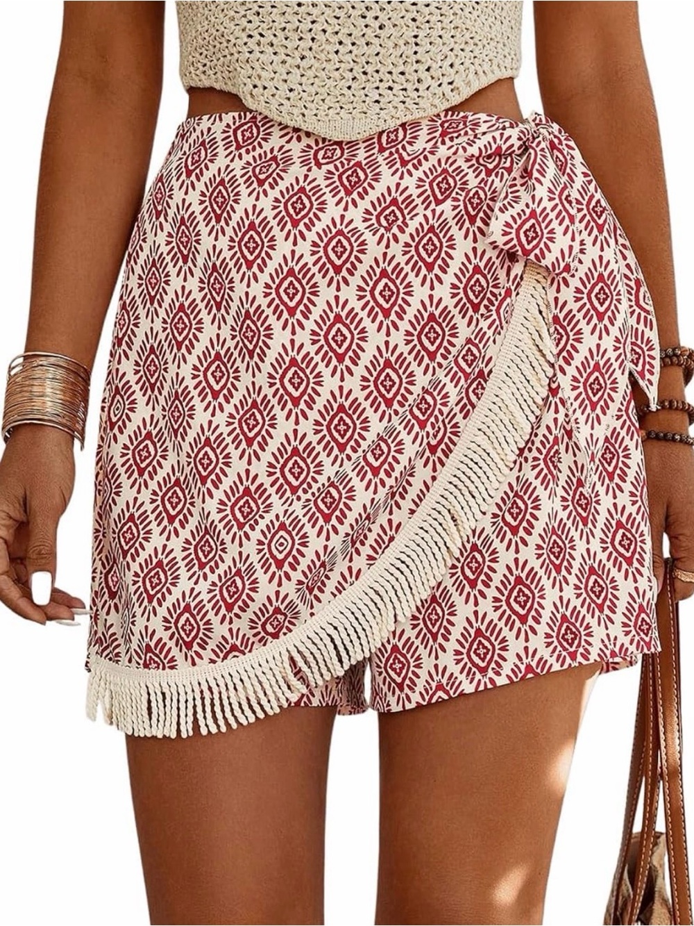 Women's Patterned Fringe High Waisted Wrap Tie Side Boho Shorts Small - C72-027